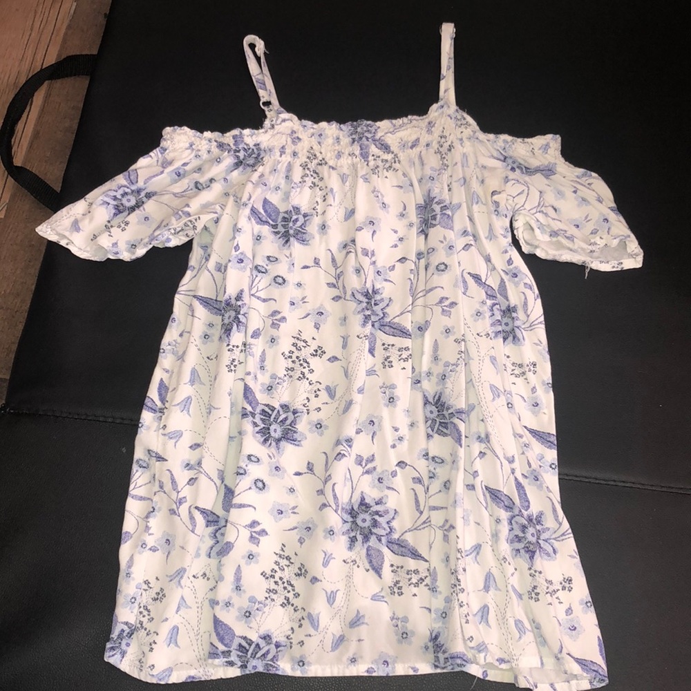 Off the shoulder white and blue blouse